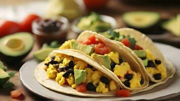 AI generated Mexican Breakfast Tacos, Fill soft corn tortillas with scrambled eggs, black beans, diced tomatoes, avocado slices, and a dash of hot sauce, background image photo