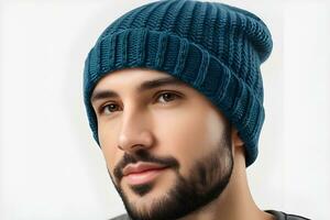 AI generated Portrait of a Beanie against white background, A close-fitting, knitted cap that hugs the head, covering the ears, and often worn for warmth in colder weather, generative AI photo
