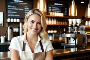 AI generated Portrait of a smiling white female Baristas against coffee shop atmosphere background, generative AI, background image photo