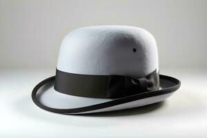 AI generated Portrait of a Bowler Hat against white background, A round, rigid hat with a small brim, generative AI photo