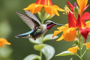 AI generated Capture the rapid movement of a hummingbird as it hovers near a flower, feeding on necta, background image, generative AI photo