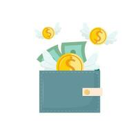 Leather wallet with money flying away. Savings, costs, purchase, managing finances wisely concept illustration vector