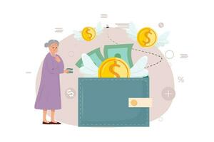 Sad old woman with an empty wallet. Saving, purity, retirement vector concept illustration