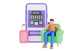 3d illustratie van hotel reservering online. mensen reservering hotel en zoeken reservering voor vakantie. 3d illustratie png