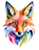 AI generated high quality, logo style, Watercolor, powerful colorful fox face logo facing forward, white background, by yukisakura, awesome full color png