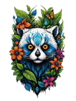 AI generated Racoon head with flowers and leaves on transparent background png