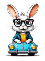 AI generated Cute little rabbit cartoon character driving a retro car on transparent background png