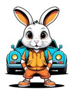AI generated Cute little rabbit with a backpack standing near the car on transparent background png