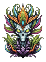ai généré tête extraterrestre monstre les plantes fantaisie avec coloré plumes sur transparent Contexte png