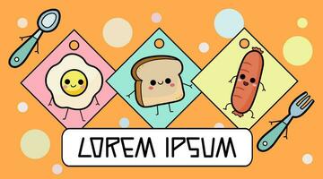 Cheerful breakfast characters banner, cute food cartoon hand drawing, suitable for header, cover, poster vector illustration.