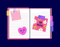 Open diary, blank notebook. Cute pink notepad. Top view of a diary on the desk. Workbook for school, planner, personal organizer. Isolated flat vector illustration