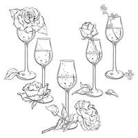 Ink. Set of Sparkling wine glass with a fresh open rose. Wedding 2024. A tender composition for cards coloring prints posters and textile printing. Suitable for birthdays and bachelorette. EPS 10 vector