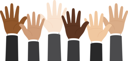 Flat design illustration of businessmen hand in suit raising their hands. Business concept. png