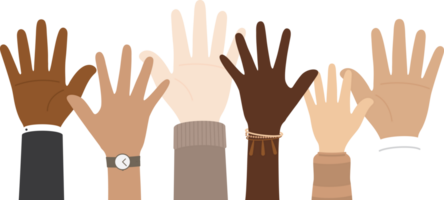 Flat design illustration of people with different skin colors raising their hands. Diversity concept. png