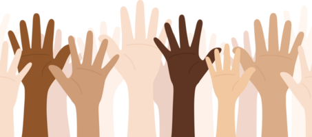 Flat design illustration of people with different skin colors raising their hands. Diversity concept. png