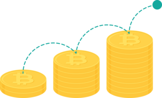 Bouncing ball on stack of gold bitcoin coins. Cryptocurrency, digital currency, business and finance concept. Flat design illustration. png