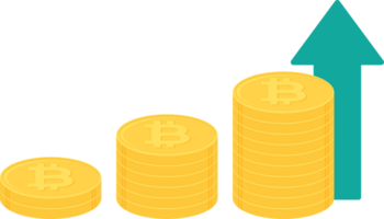 pila di oro bitcoin monete con verde verso l'alto puntamento freccia. criptovaluta, digitale moneta, attività commerciale e finanza concetto. piatto design illustrazione. png