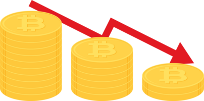 Stack of gold bitcoin coins with red downward arrow. Cryptocurrency, digital currency, business and finance concept. Flat design illustration. png