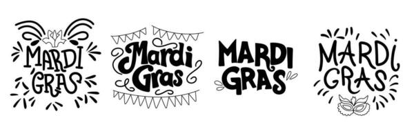 Collection of Mardi Gras inscriptions. Handwriting black text banners sets Mardi Gras concept. Hand drawn vector art.