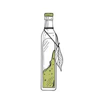 Bottle oil cream vector illustration. Glass container black outline graphic drawing. Cosmetic vegan food ink line contour avocado leaf