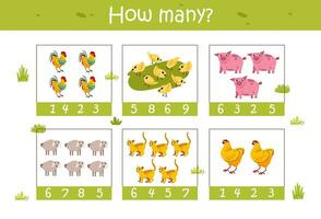 contando juego para niños. educativo un matemático juego. contar cómo muchos granja animales plano vector ilustración.