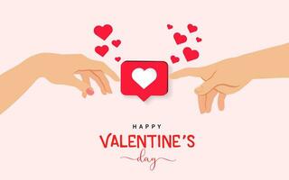 Happy Valentine's Day concept with hands from creation of Adam and heart like button vector