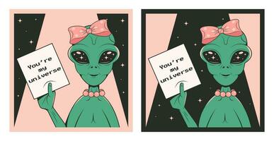 Set of Valentine's Day posters with cute alien girl. Retro style. Green humanoid with poster vector