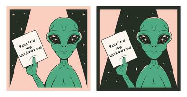 Set of Valentine's Day posters with cute alien. Retro style. Green humanoid with poster. vector