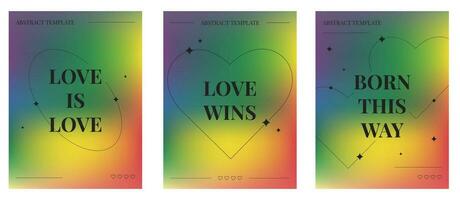 Vector set of posters for Pride Month in trendy minimalist aesthetic. Blurred gradients, geometric shapes, y2k style.