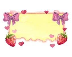 Colorful watercolor note paper with hearts, bow and strawberries. Colorful elements for designs. Isolated on transparent background png