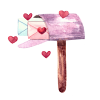 Love mailbox with envelopes. Happy Valentine's day greeting card. Romantic watercolor hand drawn illustration isolated on transparent background png
