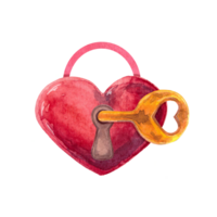 aquarelle de rouge cœur en forme de cadenas et d'or clé à l'intérieur. pour mariage, la Saint-Valentin journée et romantique soir. main tiré illustration isolé sur transparent Contexte png