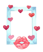 Watercolor frame decorated with red lips and hearts. Hand drawn illustration isolated on transparent background png