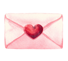 stängd post kuvert med röd hjärta, symbol av romantik. hand dragen vattenfärg målning på transparent bakgrund, elegant element för design, hälsning kort, fest, bröllop inbjudningar png