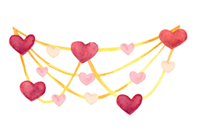 Watercolor of red hearts hanging on yellow rope. Decoration for St. Valentines day or wedding. Hand drawn colorful hearts isolated on transparent background png