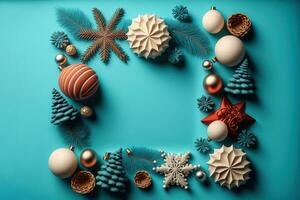 AI generated christmas decorations arranged in a square frame on a blue background photo