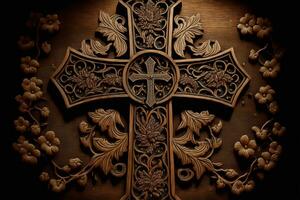 AI generated a wooden cross with ornate designs on it photo