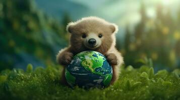 ai generado oso abrazando abrazando planeta globo tierra para naturaleza proteccion, tierra día, mundo ambiente día, salvar th mundo. cero carbón dióxido emisiones foto