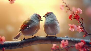 AI generated Couple of bird on romantic valentines background. Valentine's day greeting card, in love photo