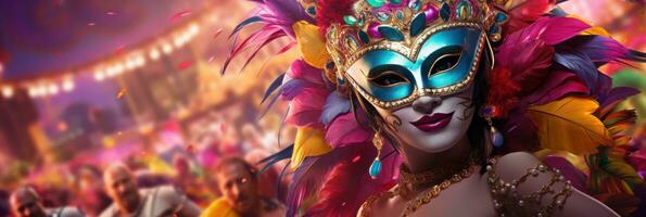 AI generated Woman celebrating carnival party. Female with carnival mask in costume, Carnival festival photo