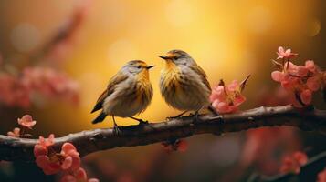 ai generado Pareja de pájaro en romántico san valentin antecedentes. San Valentín día saludo tarjeta, en amor foto