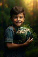 AI generated Happy Kid Hugging Planet Earth. Boy Embracing Globe Earth for World Protection, Earth Day, World Environment Day, Save th World. Zero Carbon Dioxide Emissions photo