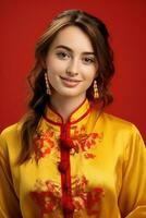 AI generated Studio portrait of happy young european woman wear traditional chinese costume on red background. Happy chinese new year photo