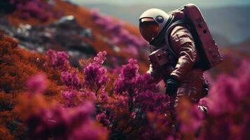 AI generated An astronaut exploring and researching a variety of plants on other planet. Science fiction, Space photo