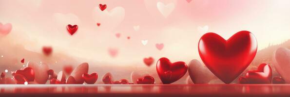 AI generated Red heart on blurred background. Valentines greeting card invitation, Happy valentine's day banner photo