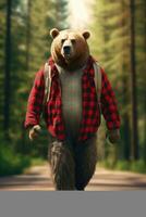 AI generated Bear wearing a red lumberjack shirt on green nature background photo