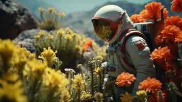 AI generated An astronaut exploring and researching a variety of plants on other planet. Science fiction, Space photo