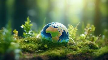 AI generated Eco Friendly Earth on Green Nature Bokeh Background. Planet Globe Earth for Nature Protection, Earth Day, World Environment Day, Save th World. Zero Carbon Dioxide Emissions photo