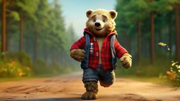 AI generated Bear wearing a red lumberjack shirt on green nature background photo