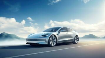 AI generated Electric vehicle car or EV car on cloudy blue sky background. Sustainable and renewable energy concept photo